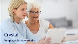  Presentation with using digital tablet - Cool new presentation theme with teachingnurses - homehelp with elderly woman using backdrop and a sky blue colored foreground