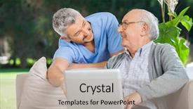  Presentation with home - Theme featuring teachingnurses - smiling male nurse assisting senior background and a  colored foreground