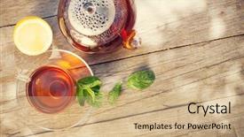  Presentation with breakfast - PPT theme having teacup - breakfast tea on table background and a coral colored foreground