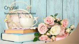  Presentation with books flowers - Slide deck featuring teacup - cup of tea with books background and a soft green colored foreground