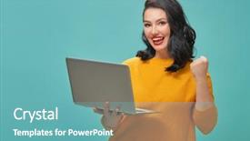  Presentation with light blue dna - PPT theme with teal - young woman with laptop background and a teal colored foreground