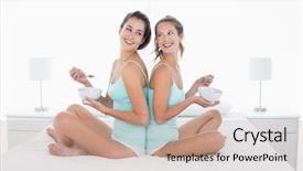  Presentation with teal - Audience pleasing presentation theme consisting of clothing - beautiful young woman dressed backdrop and a tawny brown colored foreground