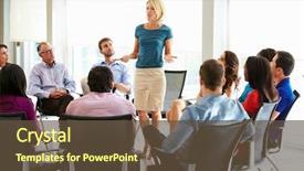  Presentation with staff meeting - Beautiful slide set featuring team - businesswoman addressing multi-cultural office staff backdrop and a tawny brown colored foreground