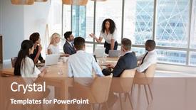  Presentation with board meeting - Beautiful PPT theme featuring team - businesswoman stands to address meeting backdrop and a coral colored foreground