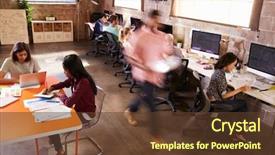  Presentation with office workers - Colorful slides enhanced with team - elevated view of workers backdrop and a tawny brown colored foreground