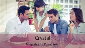  Presentation with meeting pov - Colorful slide set enhanced with team - group of young colleagues having backdrop and a violet colored foreground