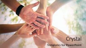  Presentation with team hands - Cool new PPT theme with team - hands of young people close backdrop and a coral colored foreground