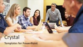  Presentation with meeting table - Beautiful presentation design featuring team - male boss addressing meeting backdrop and a lemonade colored foreground
