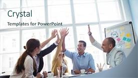  Presentation with office room - Slides with team - photo editors giving high-five background and a sky blue colored foreground