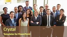  Presentation with staff - PPT theme enhanced with team - portrait of multi-cultural office staff background and a tawny brown colored foreground