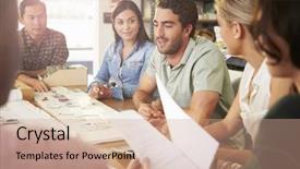  Presentation with teachers working around a table - PPT theme having team - six architects sitting around table background and a coral colored foreground