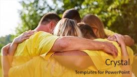  Presentation with teambuilding - Beautiful PPT theme featuring team - young people hug each other backdrop and a gold colored foreground