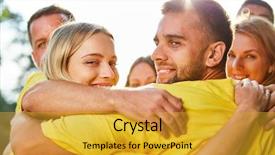  Presentation with teambuilding - Amazing PPT layouts having team - young people hug happily backdrop and a gold colored foreground