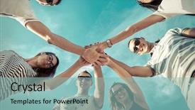  Presentation with filtered sunlight path - Slide deck featuring team activity - group of friends background and a  colored foreground