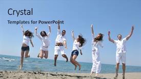  Presentation with big group people - Theme enhanced with team activity - happy people group have fun background and a  colored foreground