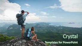  Presentation with mountain top - PPT theme having climbers girls - two hikers standing on top background and a ocean colored foreground
