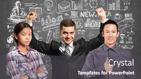  Presentation with victory team - Presentation theme with team and happy businessman with hands up celebrating his victory background and a dark gray colored foreground