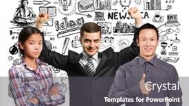  Presentation with victory team - PPT theme featuring team and happy businessman with hands up celebrating his victory background and a dark gray colored foreground