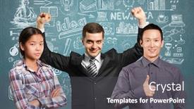  Presentation with victory team - Colorful slide set enhanced with team and happy businessman with hands up celebrating his victory backdrop and a dark gray colored foreground