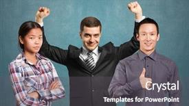  Presentation with victory team - Presentation design consisting of team and happy businessman with hands up celebrating his victory background and a dark gray colored foreground