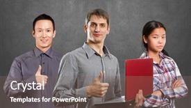  Presentation with done - Cool new PPT layouts with team and man with laptop in his hands and woman shows well done backdrop and a violet colored foreground