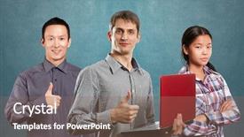  Presentation with done - PPT theme with team and man with laptop in his hands and woman shows well done background and a violet colored foreground