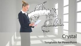  Presentation with ants - PPT theme consisting of team ants - composite image of blonde businesswoman background and a  colored foreground