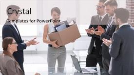  Presentation with employee - Cool new PPT theme with team applauds the new employee backdrop and a light gray colored foreground