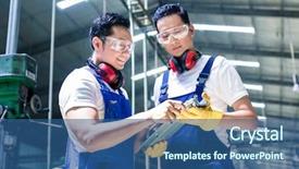  Presentation with industrial workers - Amazing slide deck having quality team - two industrial workers inspecting work backdrop and a ocean colored foreground