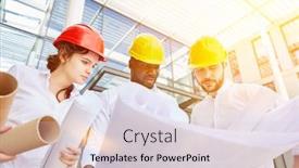  Presentation with team meeting - Audience pleasing slides consisting of team-at-construction-meeting backdrop and a light gray colored foreground