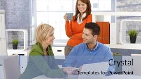  Presentation with team work - Slides with team at desk discussing work background and a  colored foreground