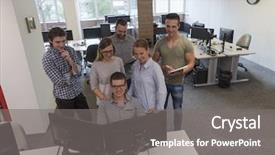  Presentation with help desk - Audience pleasing presentation theme consisting of team at office desk backdrop and a gray colored foreground