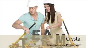  Presentation with team building - Slide deck with team building concept smiling young background and a coral colored foreground