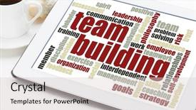  Presentation with team building - Beautiful PPT theme featuring team building word cloud backdrop and a  colored foreground