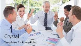  Presentation with job - Cool new presentation theme with team celebrating a good job backdrop and a light blue colored foreground