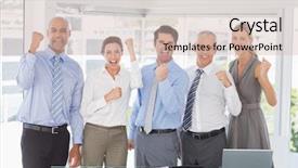  Presentation with job - Audience pleasing slide set consisting of team celebrating a good job backdrop and a soft green colored foreground