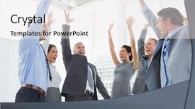  Presentation with job - Colorful presentation design enhanced with team celebrating a good job backdrop and a white colored foreground