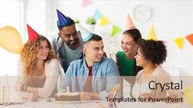  Presentation with corporate anniversary - Colorful PPT layouts enhanced with team celebrating one year anniversary backdrop and a coral colored foreground