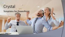  Presentation with outcome - Colorful slide set enhanced with hard work pays - dynamic startup team celebrating successful backdrop and a soft green colored foreground