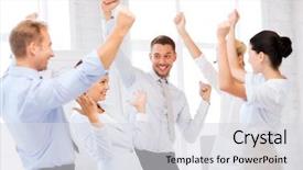  Presentation with team party - Slides having team celebrating victory in office background and a light gray colored foreground