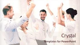  Presentation with victory team - Amazing slide deck having team celebrating victory in office backdrop and a lemonade colored foreground