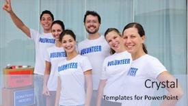  Presentation with food donation - Theme with team charity - happy volunteer group with food background and a sky blue colored foreground