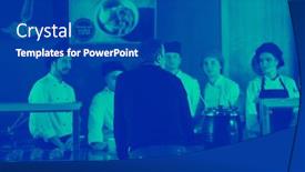  Presentation with restaurant kitchen - PPT layouts having team chefs in the kitchen presenting dish of tasty meal for restaurant manager background and a ocean colored foreground