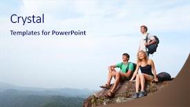  Presentation with mountain top - PPT theme enhanced with team climbing high - young hikers relaxing on top background and a sky blue colored foreground