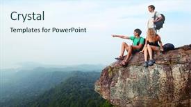  Presentation with mountain top - PPT theme enhanced with team climbing high - young hikers relaxing on top background and a sky blue colored foreground