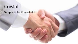  Presentation with handshake - Presentation theme consisting of team closing meeting - handshake isolated on white background background and a sky blue colored foreground