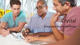  Presentation with creative production - Beautiful theme featuring team creativity - group of men meeting backdrop and a coral colored foreground