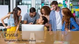  Presentation with graphic - PPT theme enhanced with team creativity - smiling graphic designers interacting background and a gold colored foreground