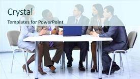  Presentation with team leader - PPT theme featuring team discussing in conference room background and a cool aqua colored foreground