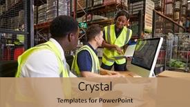  Presentation with logistics warehouse - Colorful slide deck enhanced with team discussing warehouse logistics backdrop and a coral colored foreground